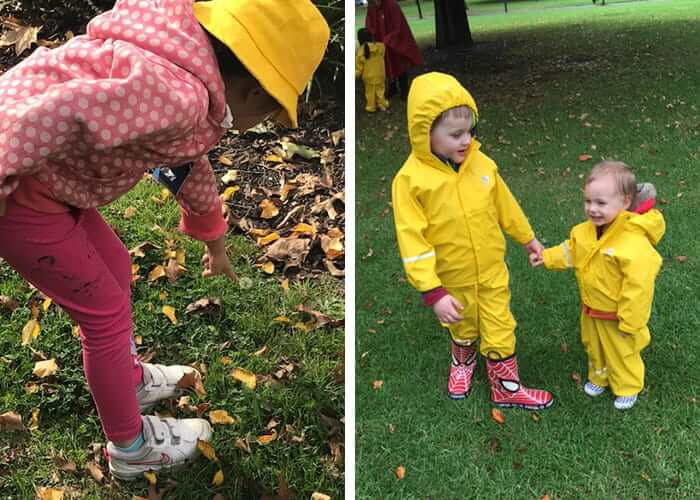 2 images of children from Guardian Collins St wearing rain coats