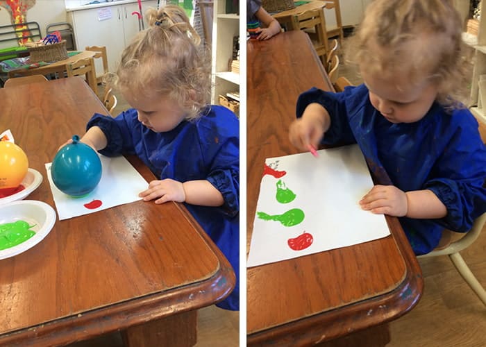 Painting caterpillars with balloons.