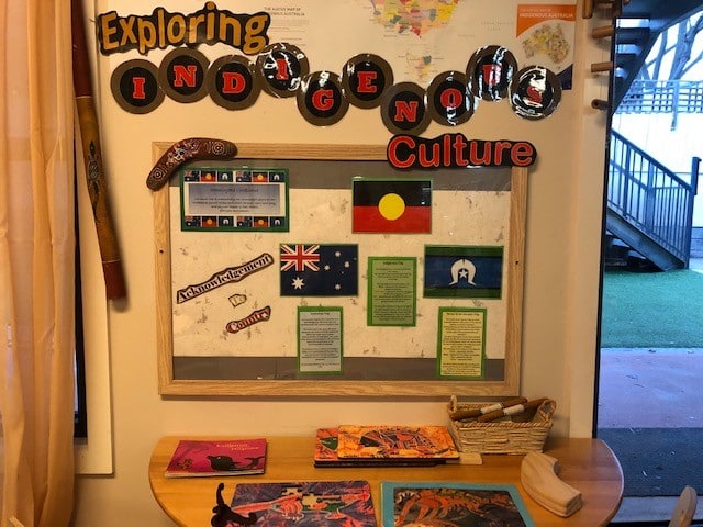 australian, torres strait islander and aboriginal flags in classroom