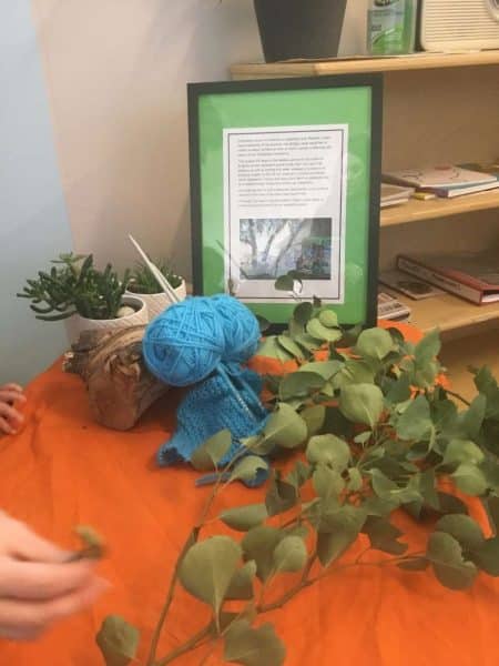 information display showing Early Learners yarn bombing project