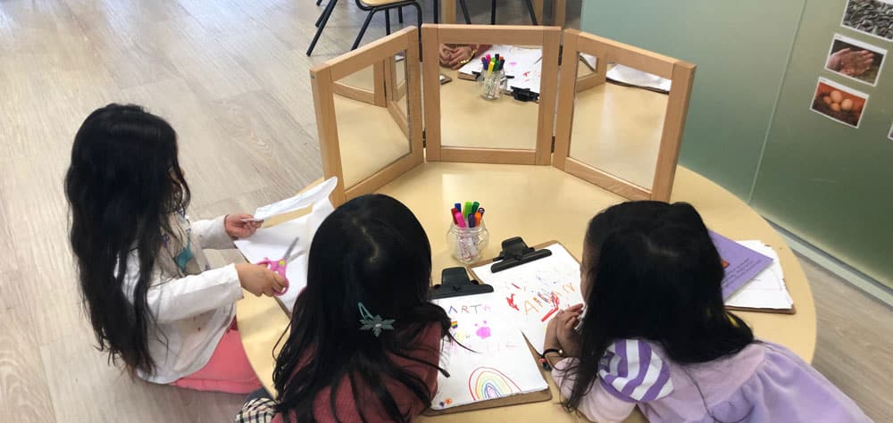 three girls sitting at desk drawing and looking into mirrors