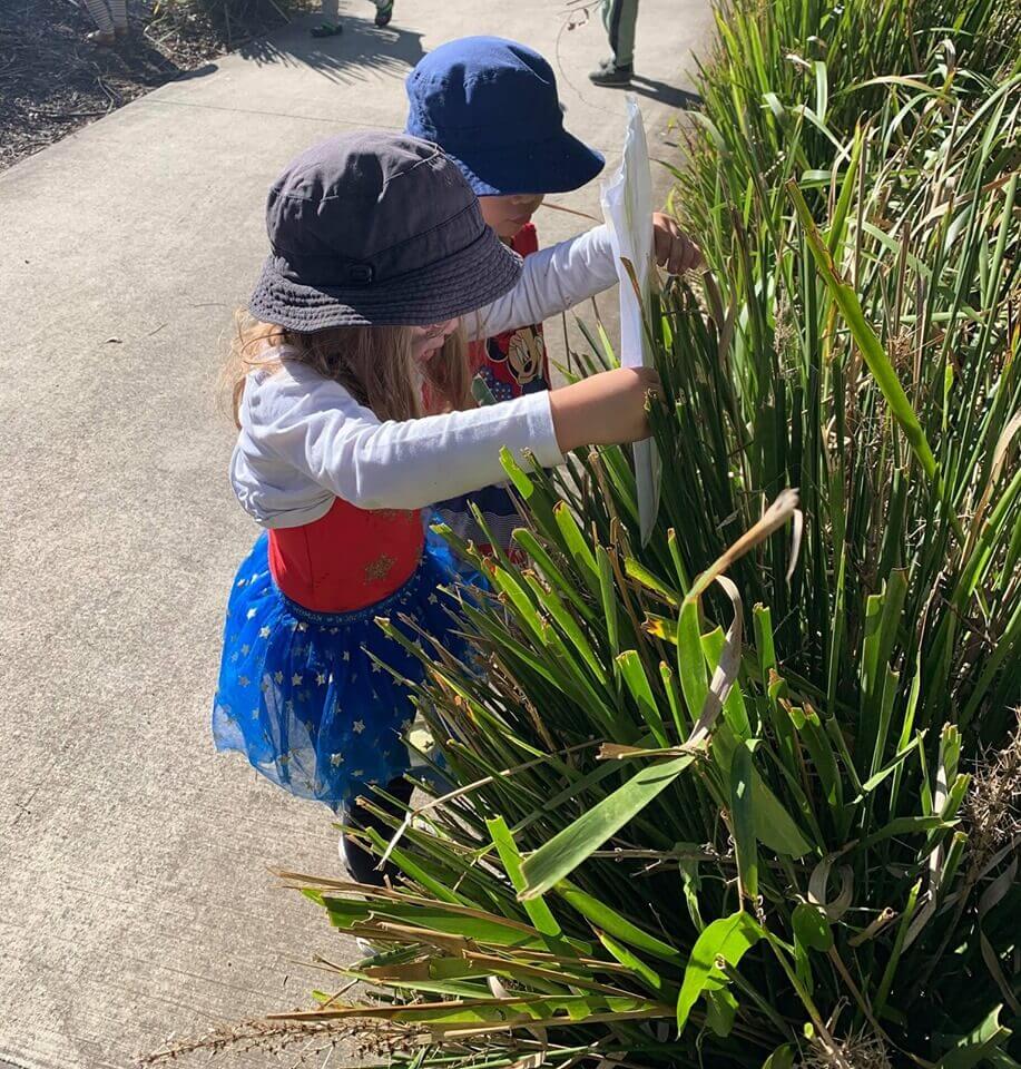 children hiding books in grass for book week activity