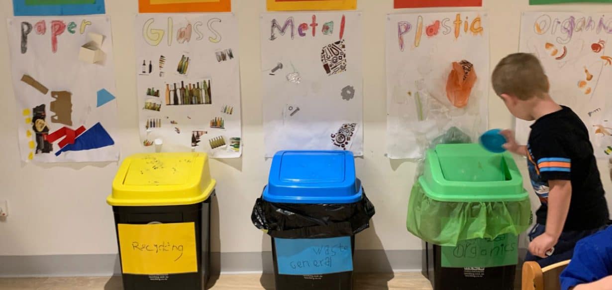 new waste disposal system set up in childcare classroom as part of anti-landfill initiative