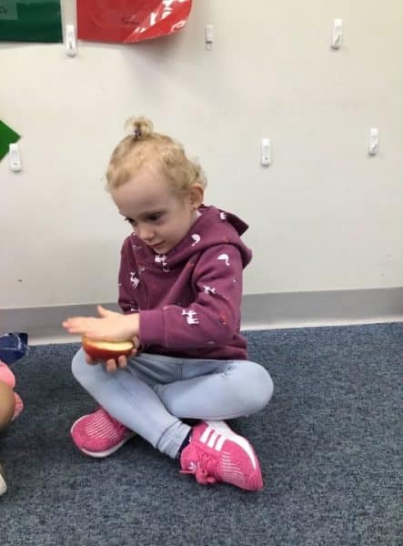 child rubbing dirty hands on apple for germs experiment