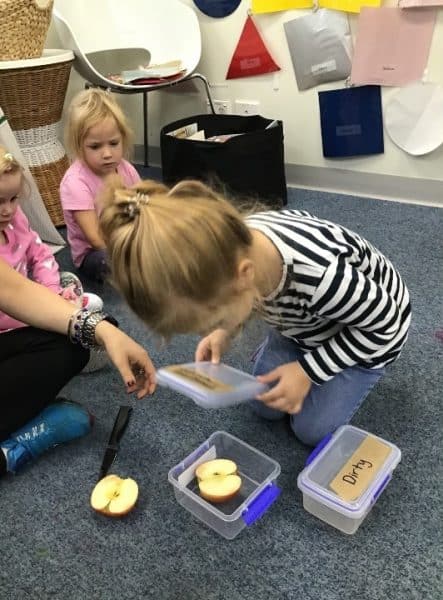 child closing container during germs experiment