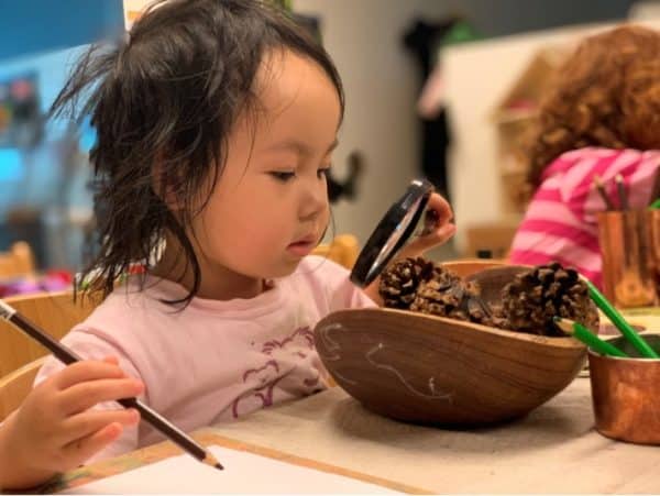 child looking at loose parts through magnifying glass